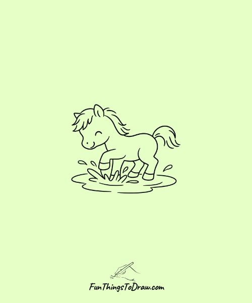 Simple drawing of Horse with a playful splash in a puddle