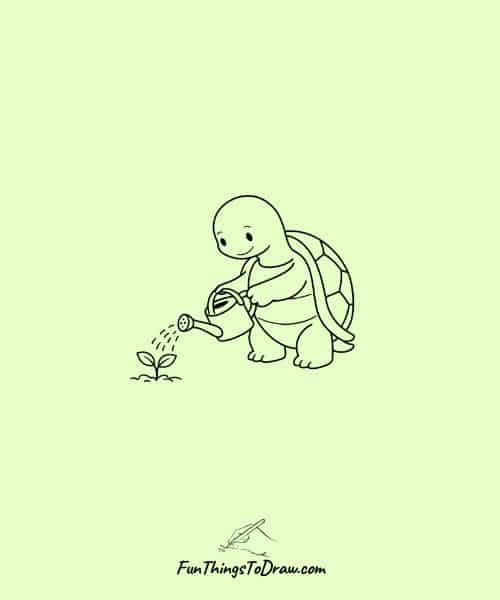 Cute Drawing of Turtle with a Watering Can