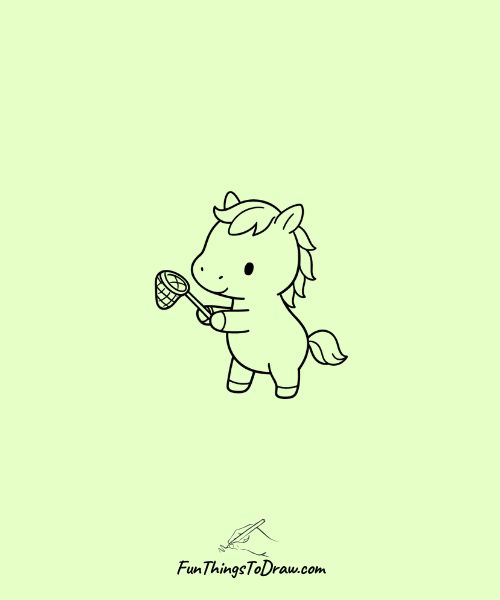 Cute sketch of Horse with a tiny butterfly net