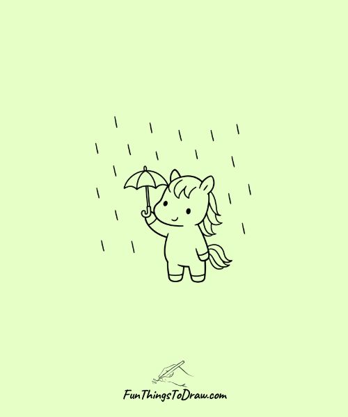 Horse with a tiny umbrella in the rain