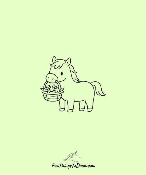 Horse with a flower basket in its mouth