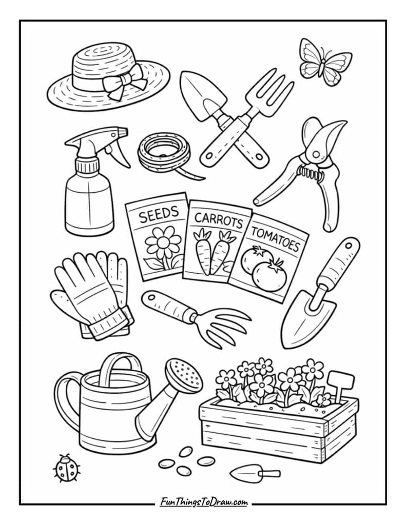 April Coloring Pages (Gardening Tools)