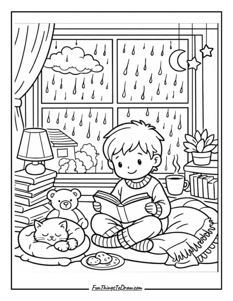 Rainy day reading - April Coloring Sheet