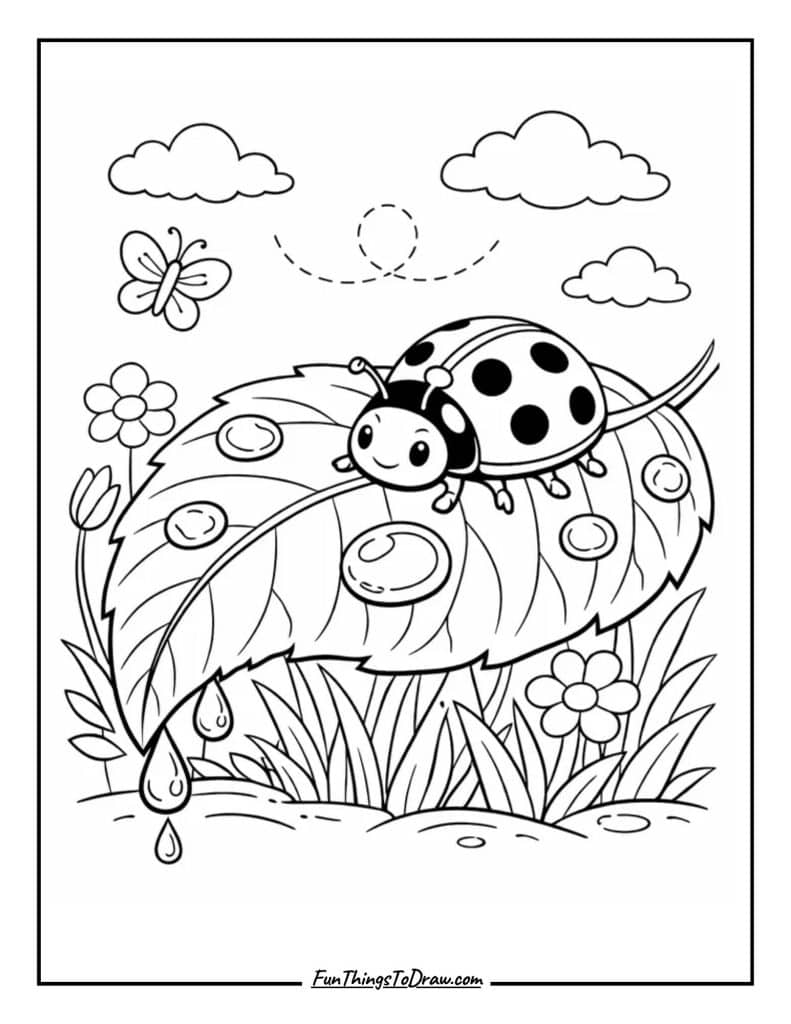 Coloring page of Ladybug on a Leaf