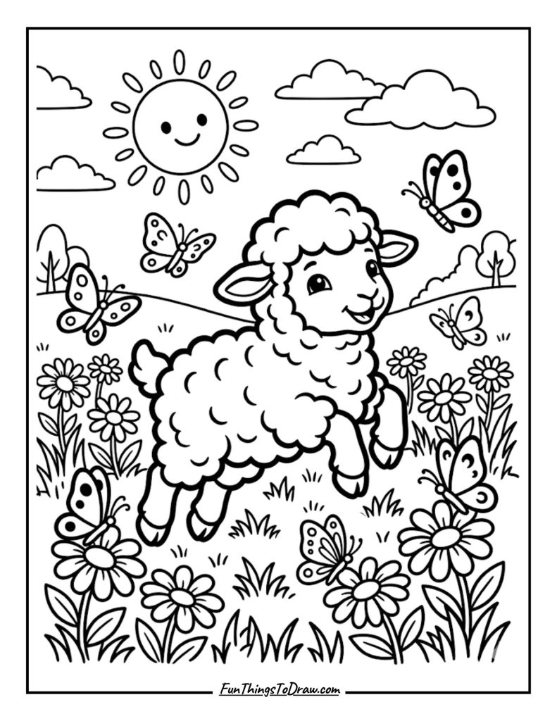 Baby Lamb in a Spring Field Coloring Page