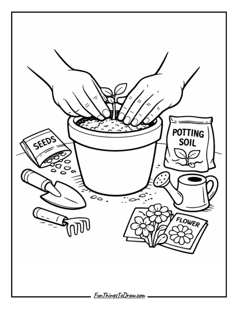 Flower Pot Planting Coloring page