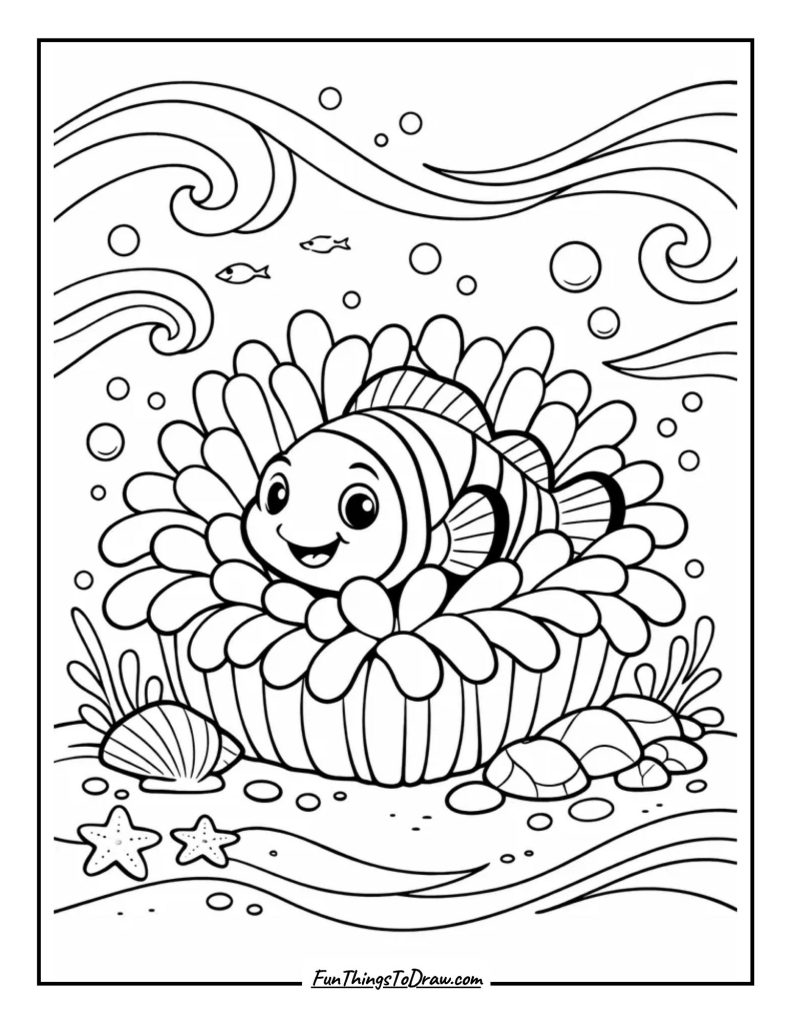 Tropical Clownfish in Anemone Coloring Page
