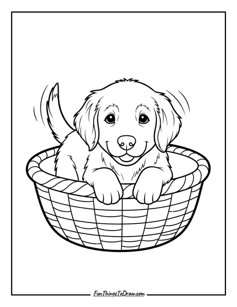 Golden Retriever Puppy in a Basket