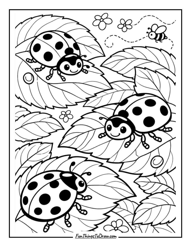 Ladybugs on Leaves coloring sheet