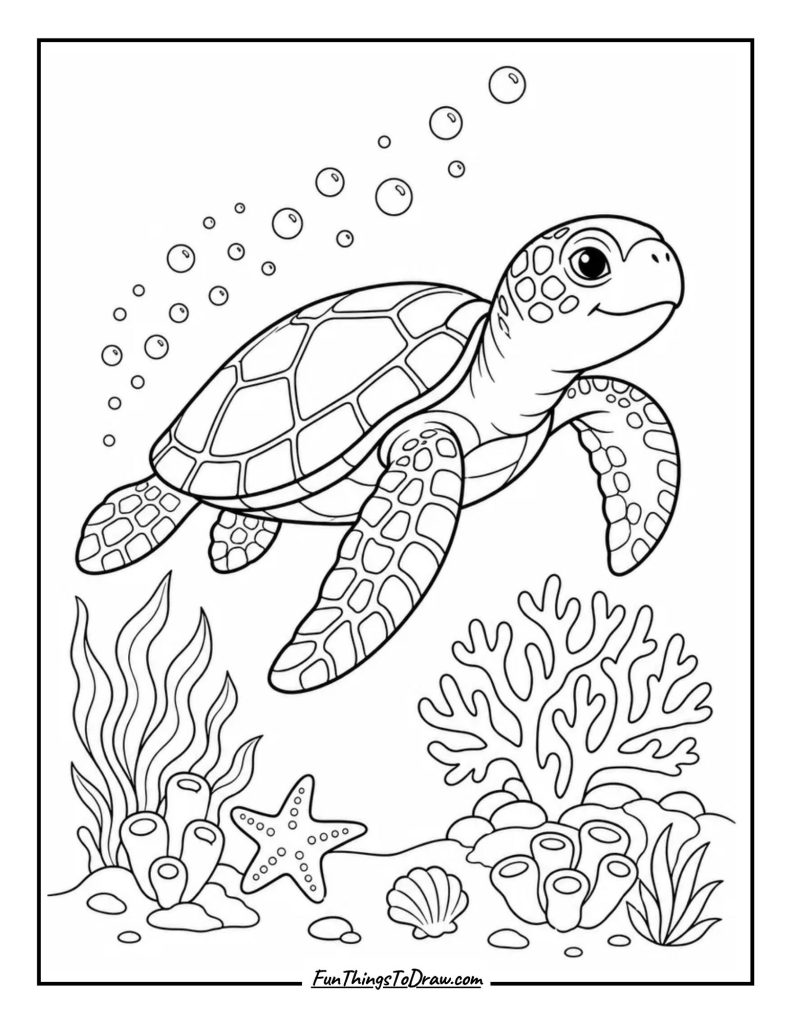 Sea Turtle Swimming with Bubbles