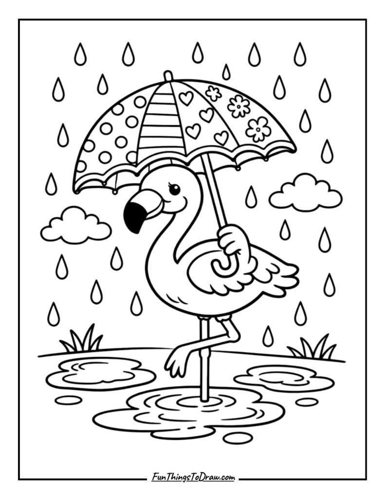 Flamingo in Rain Coloring Page