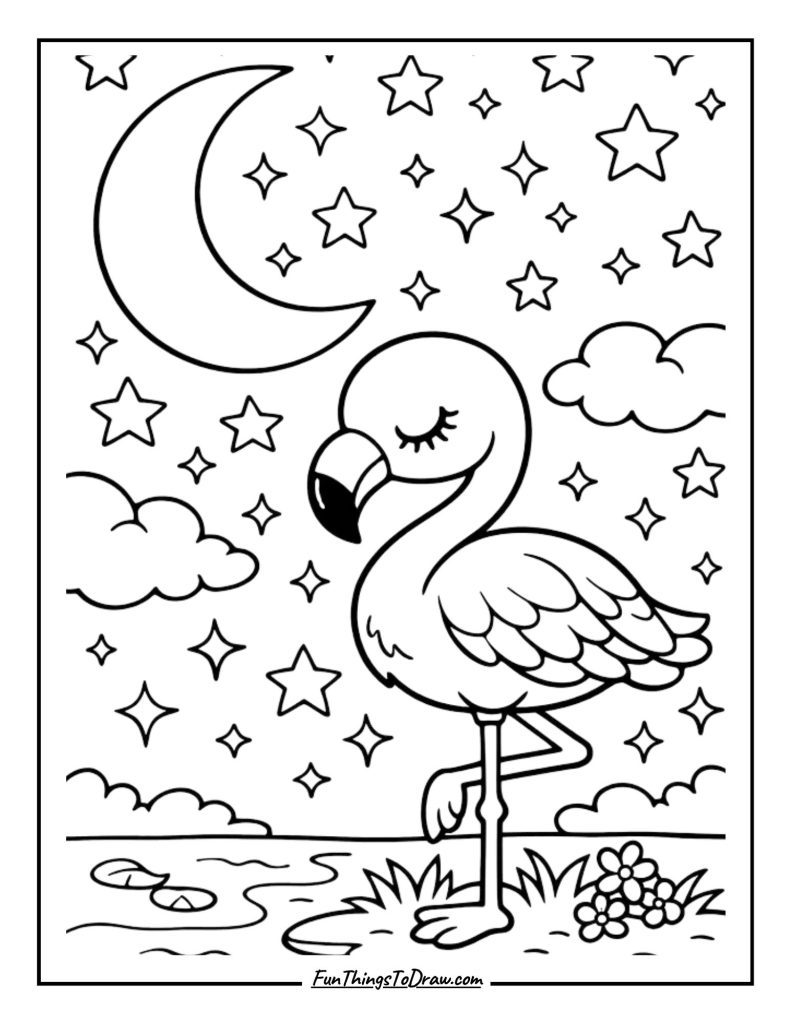 Flamingo with Stars and Moon
