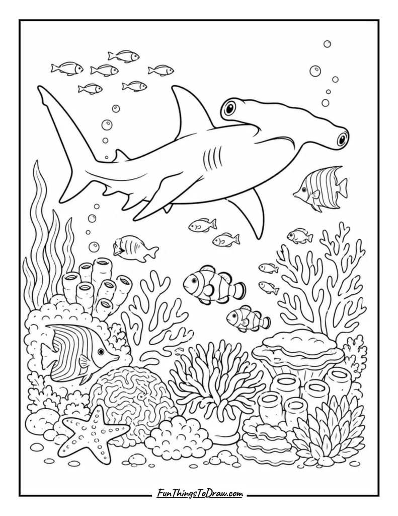 Hammerhead Shark Patrolling Reef Coloring Sheet