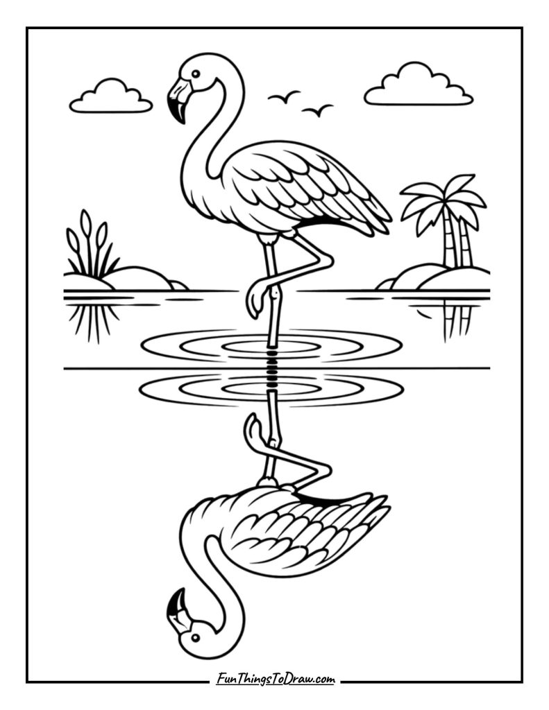 Flamingo in Water Reflection