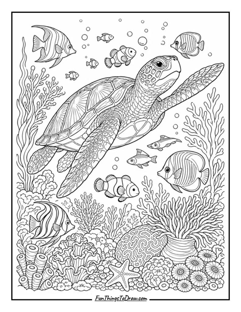 Sea Turtle with Coral Reef Coloring Page