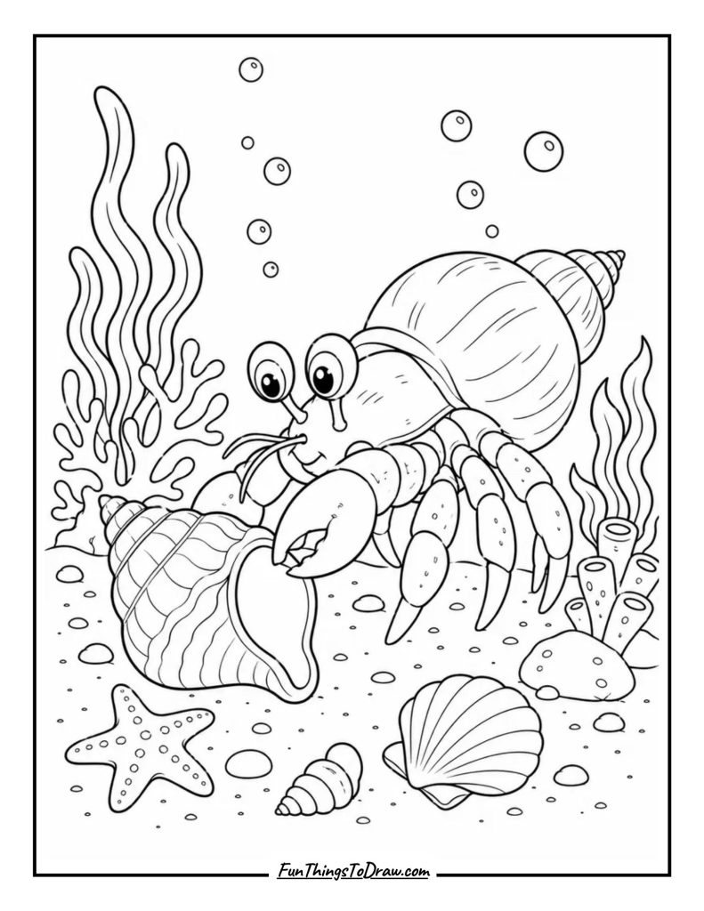 Hermit Crab Changing Shells Coloring Page