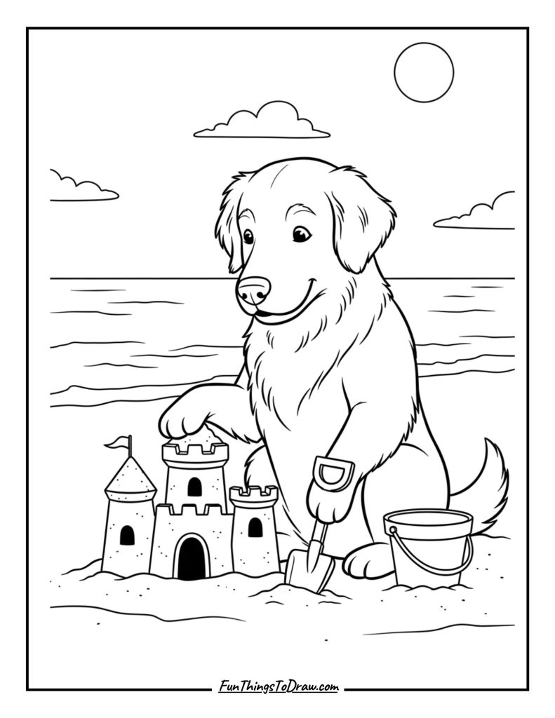 Golden Retriever Building a Sandcastle