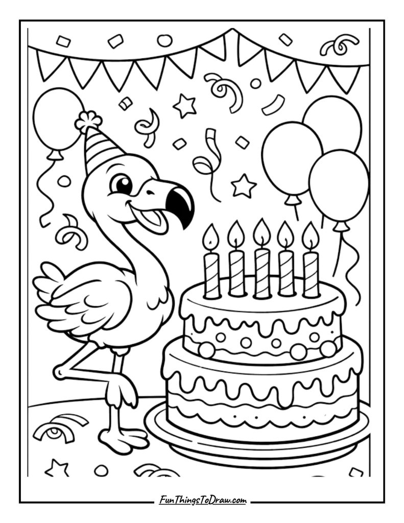 Flamingo Birthday Theme Coloring Page