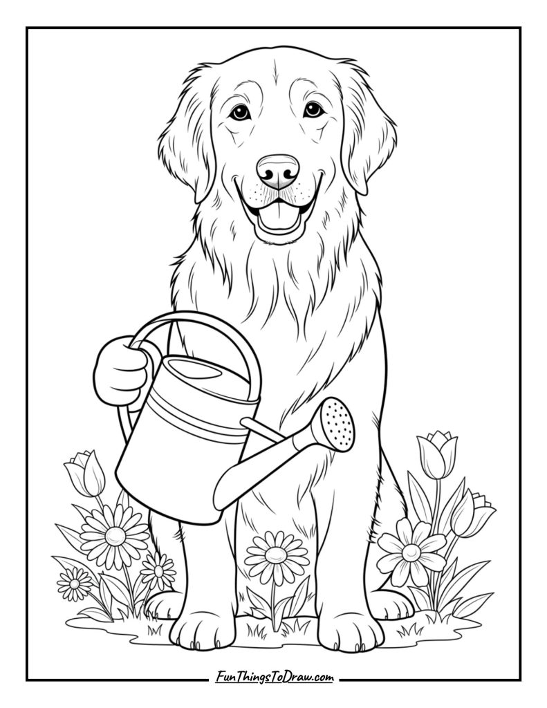 Golden Retriever with a Watering Can and Flowers