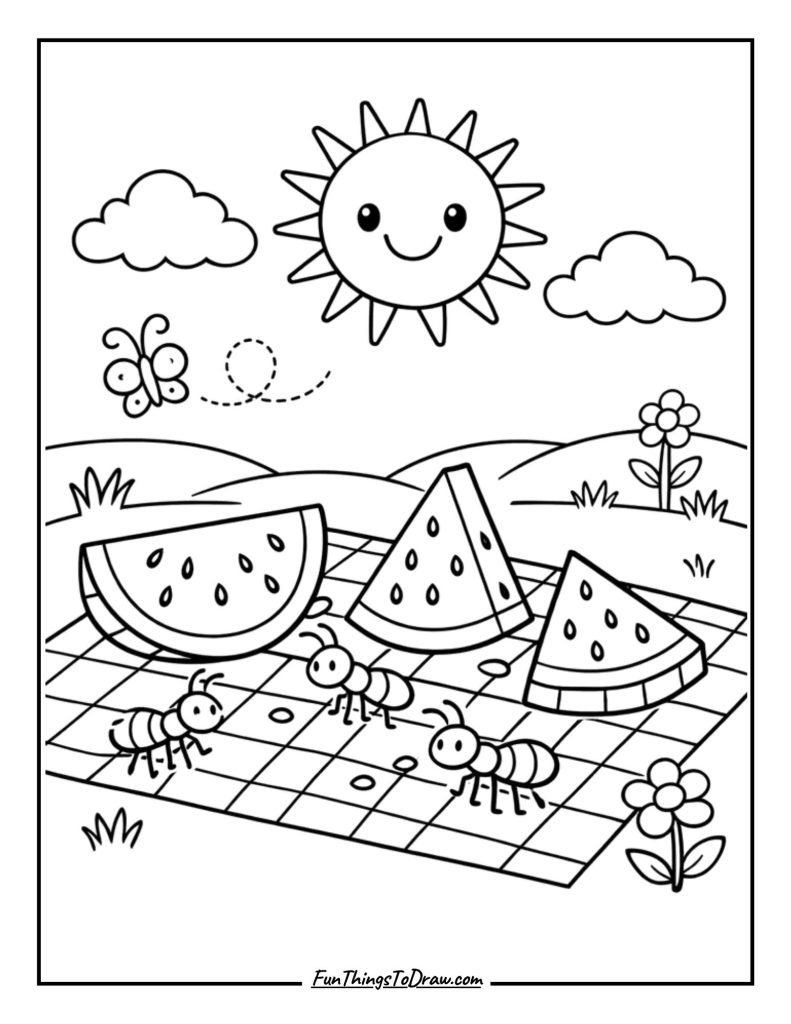 Watermelon Picnic Coloring Page