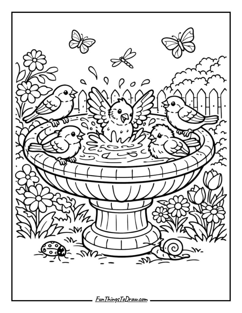 Bird Bath with Sparrows coloring page