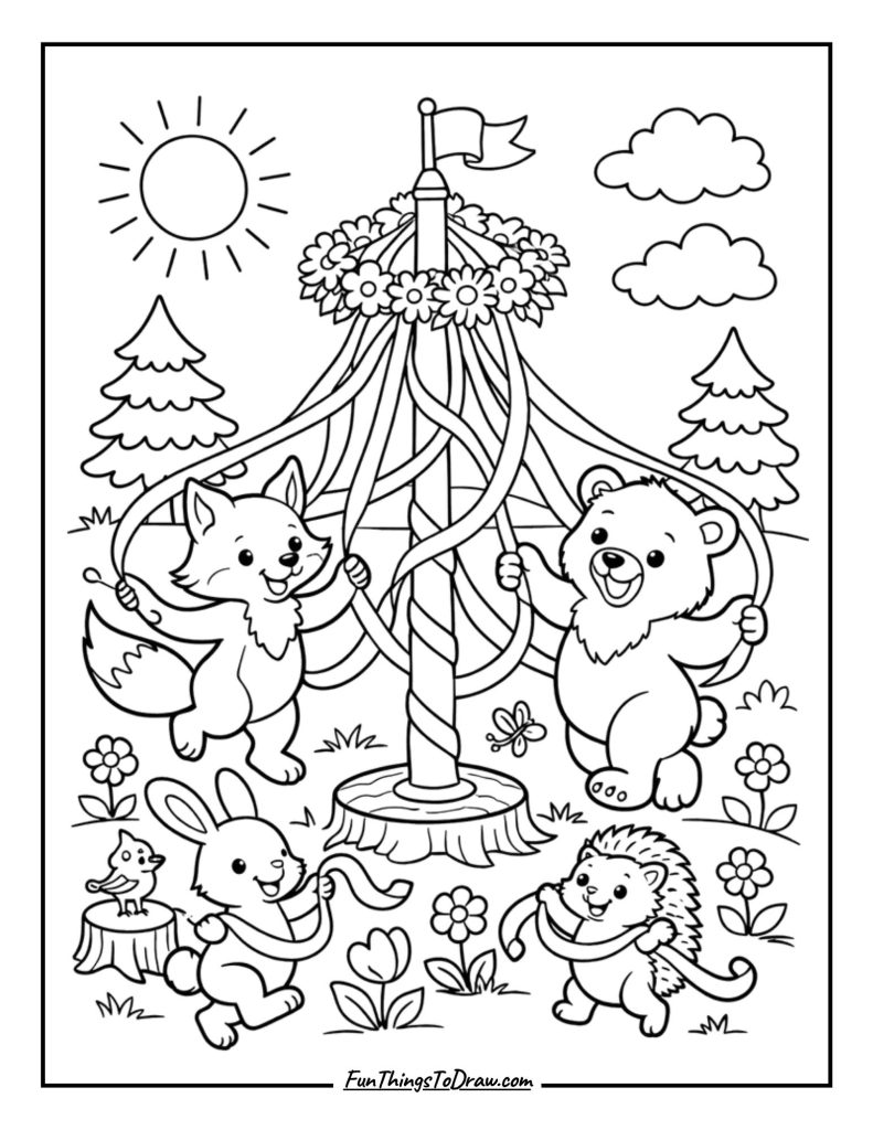 May Day Maypole with Animals coloring page