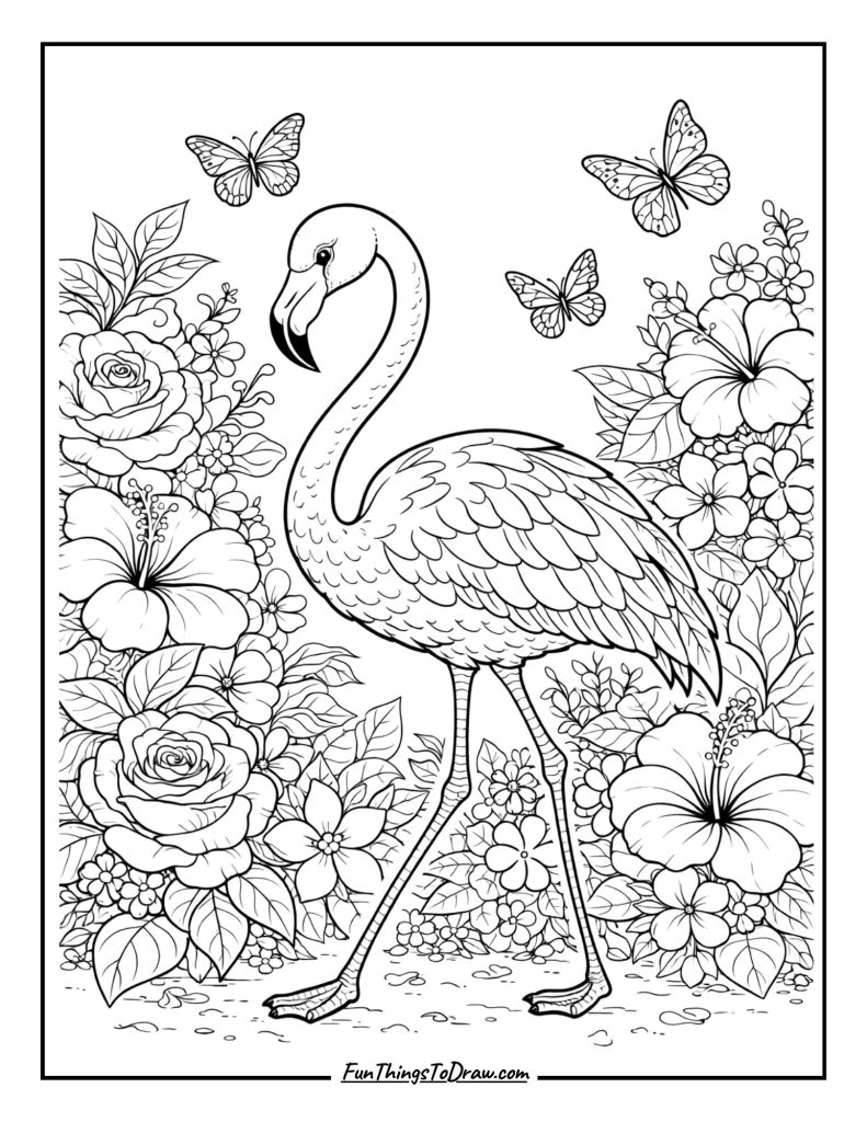 Flamingo in a Flower Garden Coloring Page