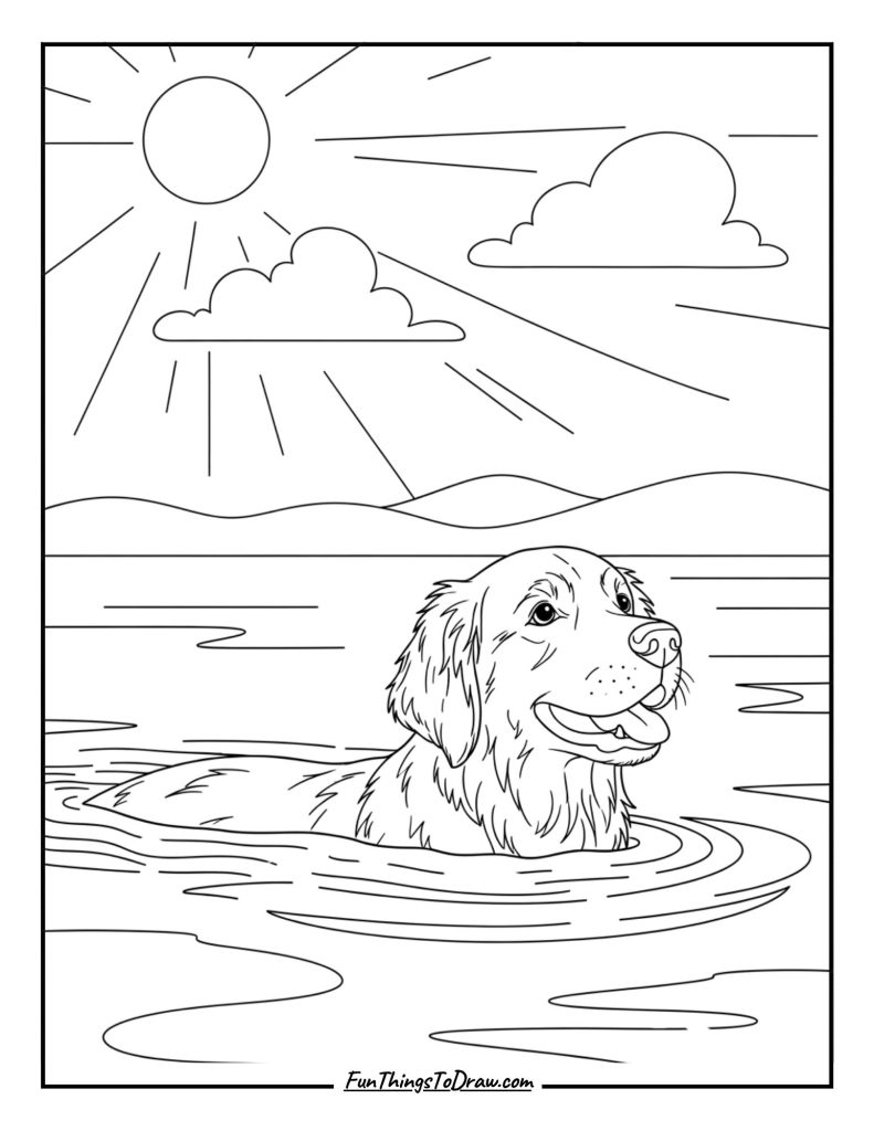 Golden Retriever Swimming in a Lake coloring page