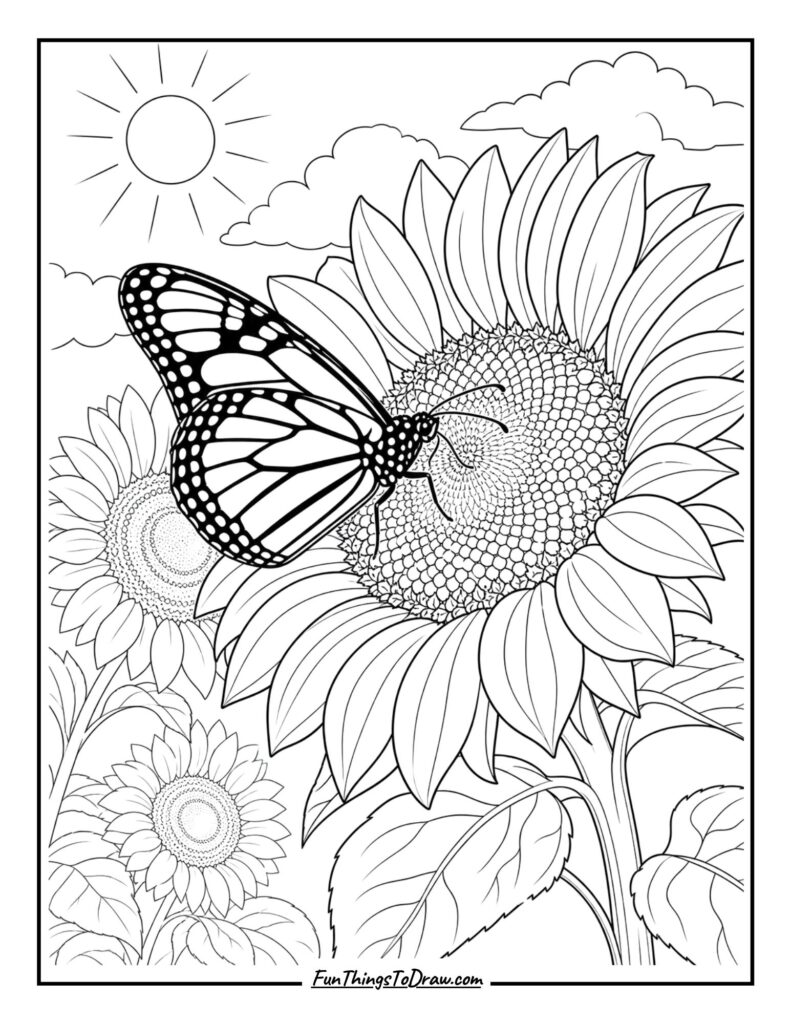 Coloring page of Monarch Butterfly on a Sunflower