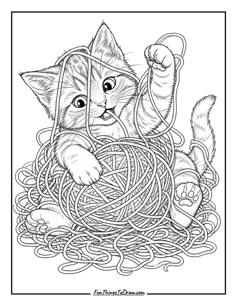 Playful Kitten with Yarn Ball coloring page