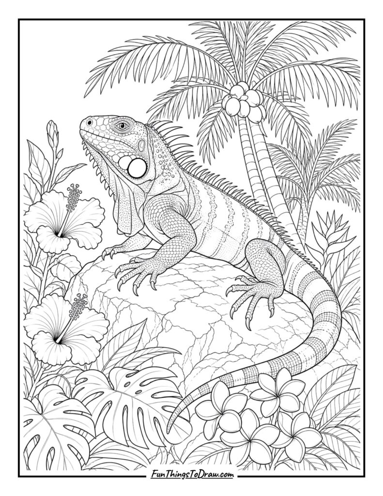 Tropical Oasis Iguana coloring page