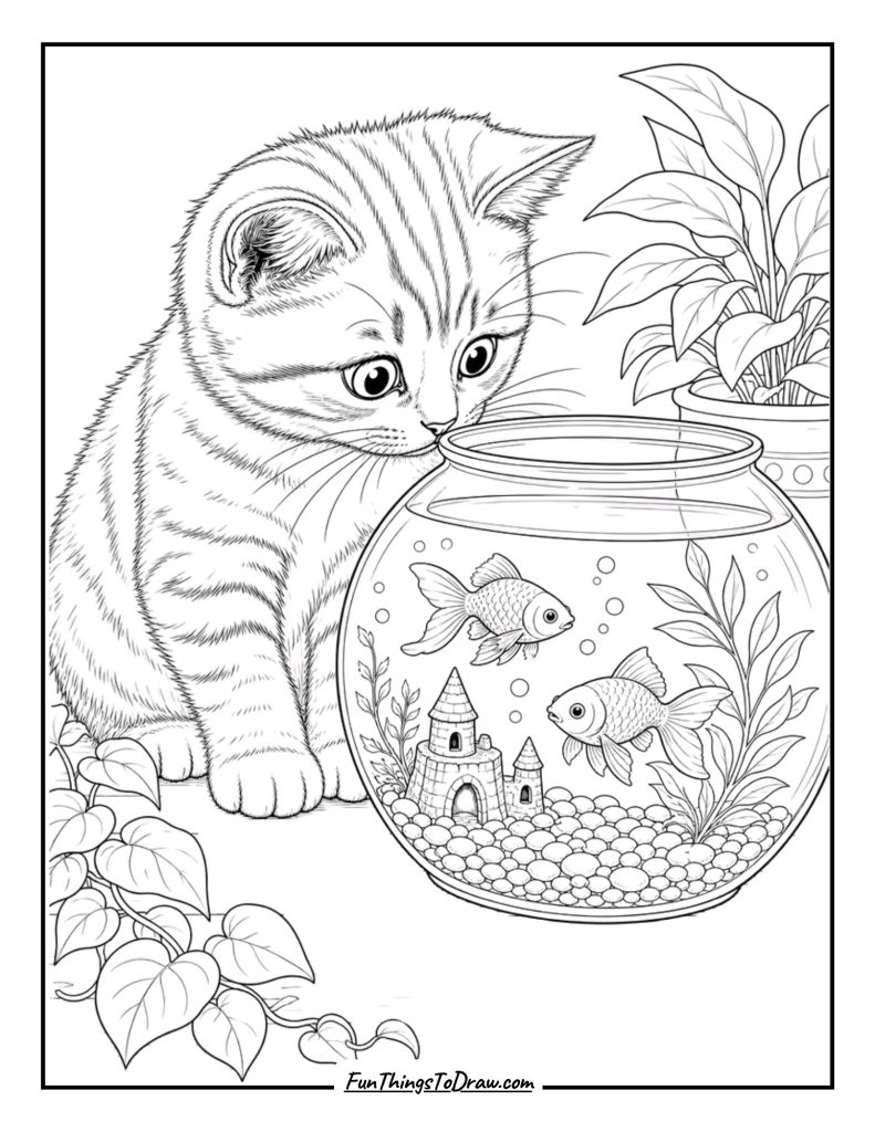 Kitten Looking at Fish in a Bowl