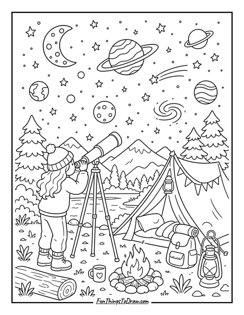 Stargazing with Telescope coloring sheet