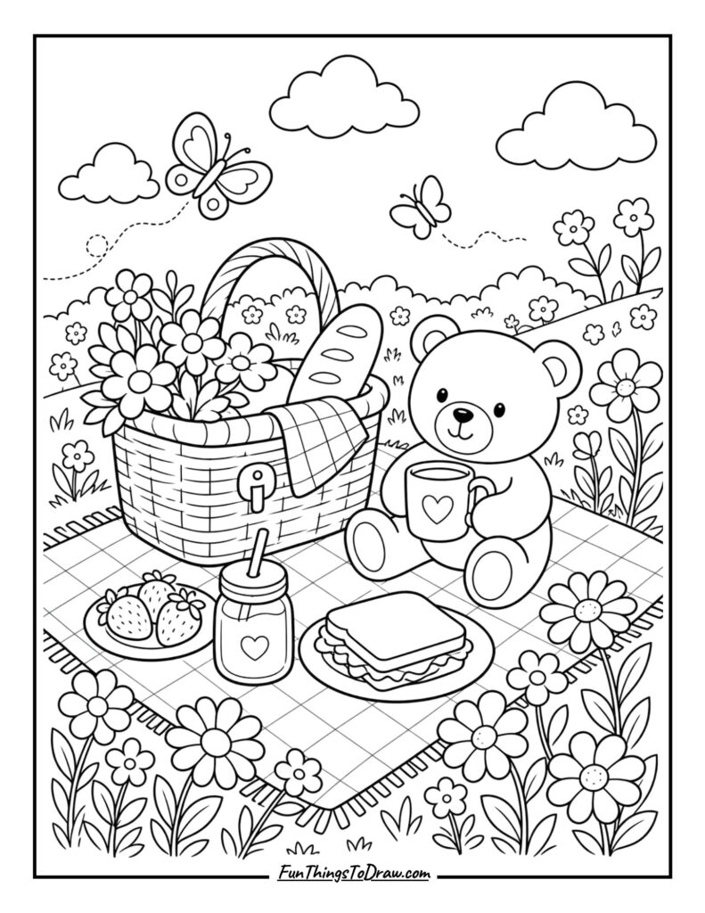 cozy picnic scene coloring page