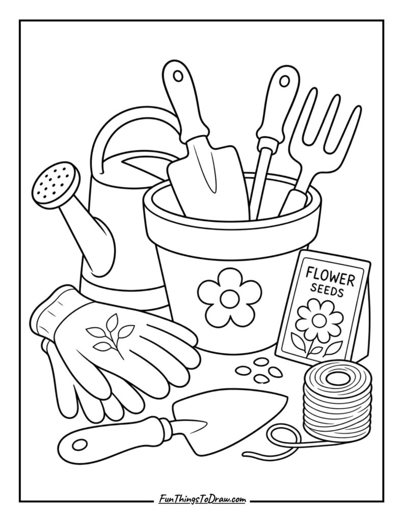 Garden tools coloring page