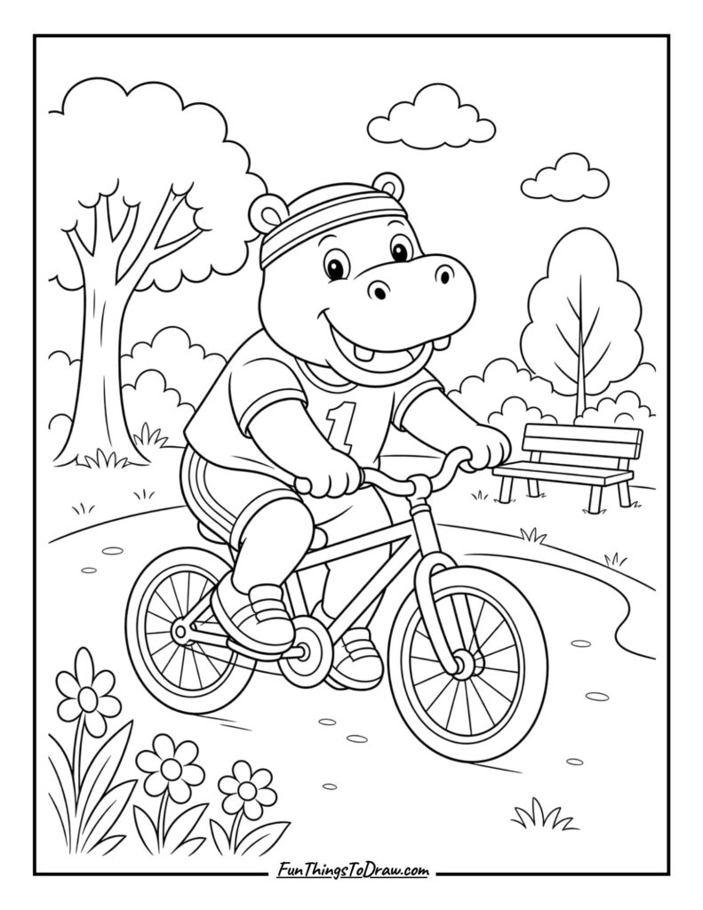 Hippo on a Bicycle coloring sheet