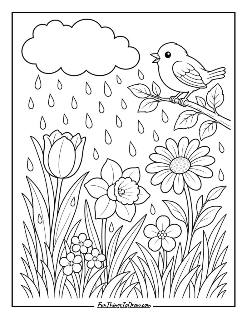 bird in rain coloring page