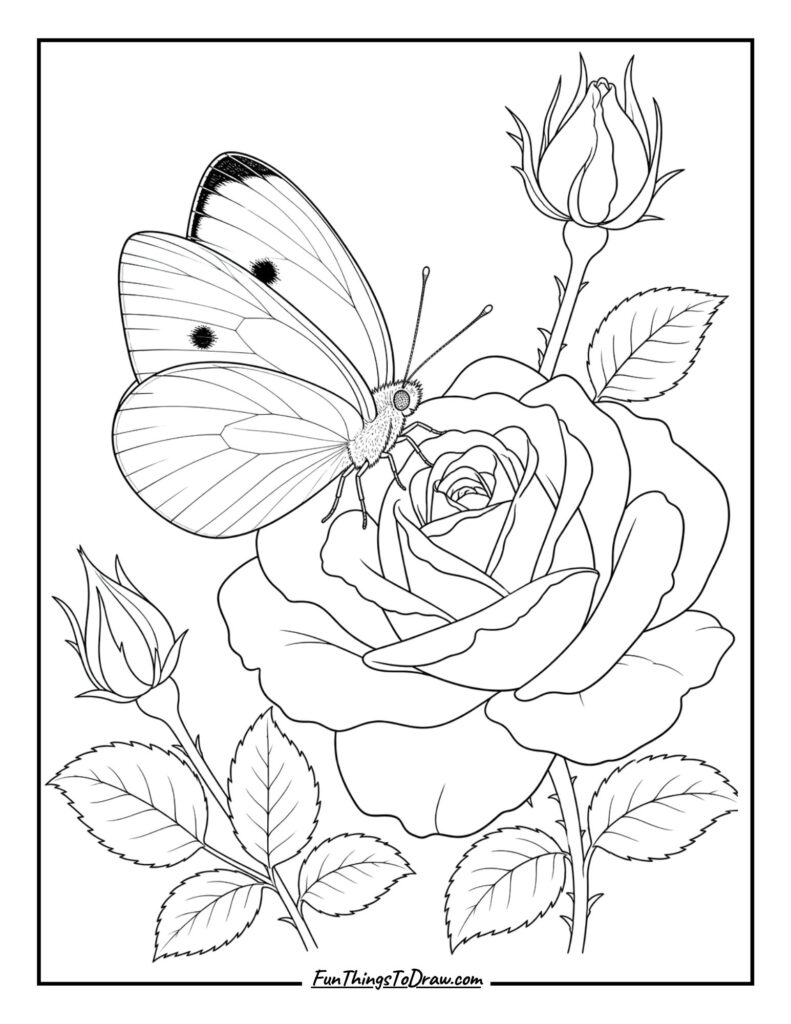 Cabbage White Butterfly on a Rose coloring page