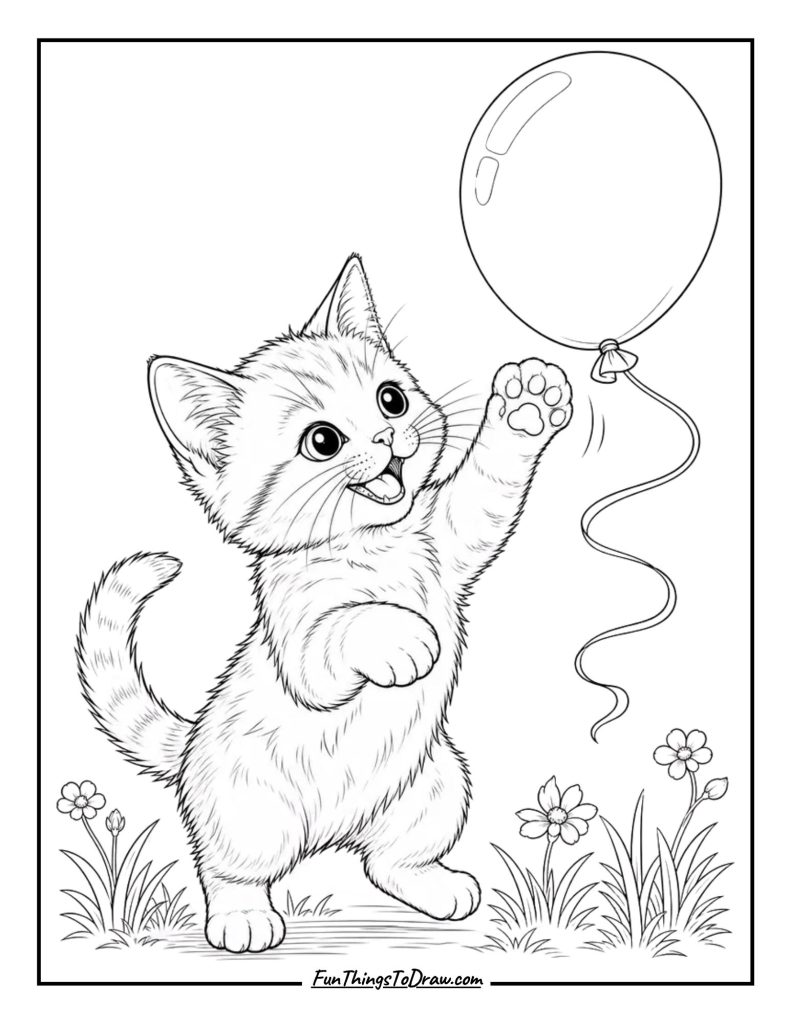 oloring Page of Kitten holding balloon