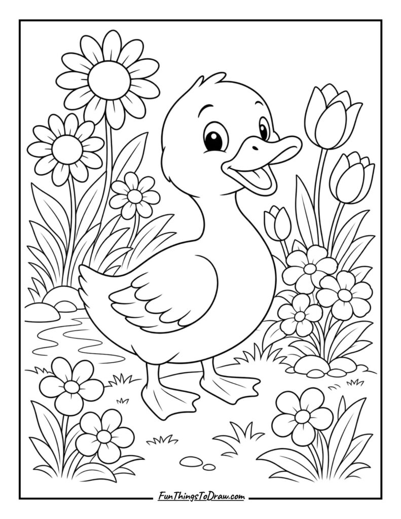 Duck in a Garden coloring page