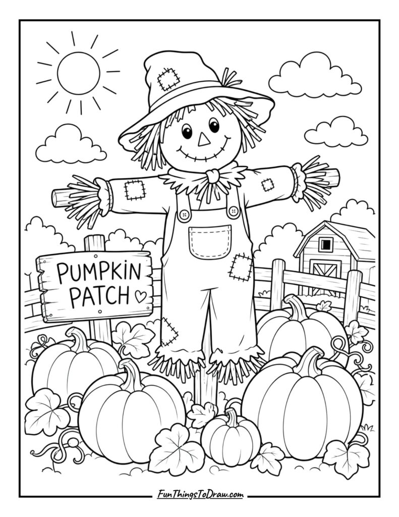 A happy scarecrow in garden coloring page