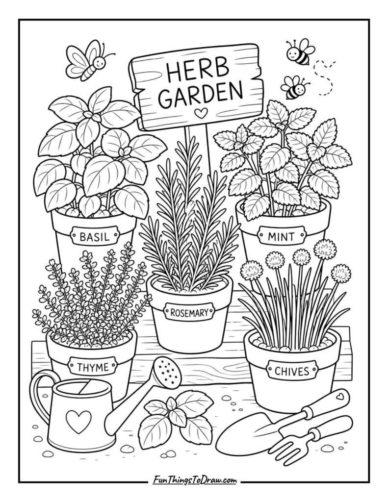 A vibrant herb garden coloring page