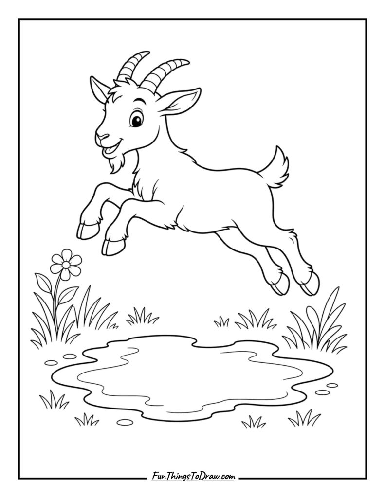 Goat Jumping Over a Puddle