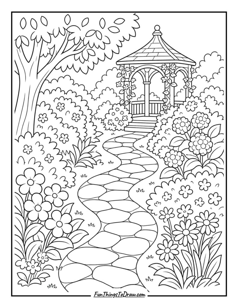 A winding garden path coloring page