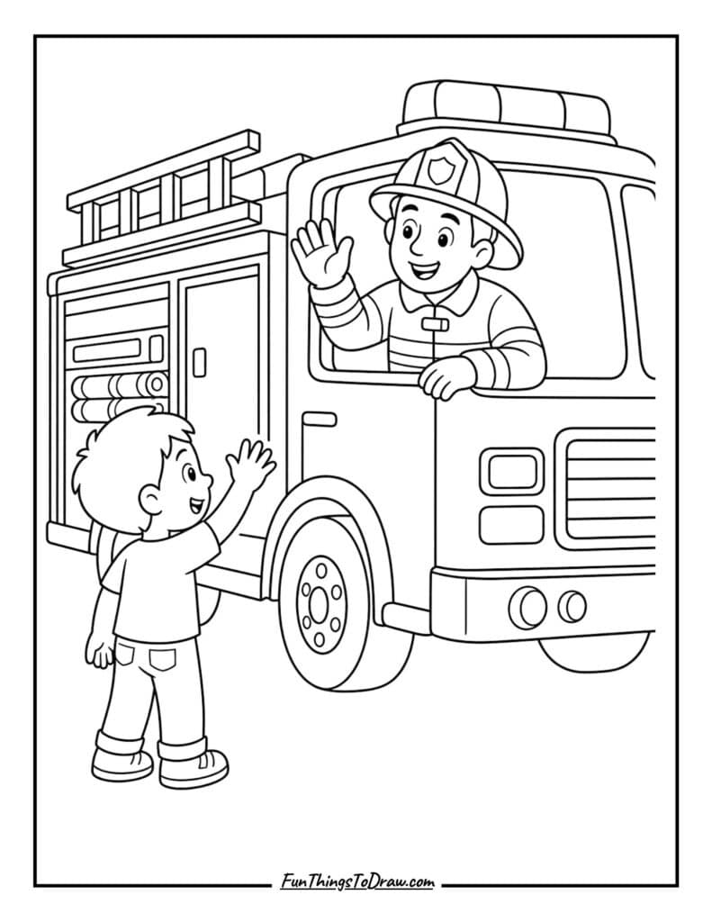 Fire Truck with a Child coloring page