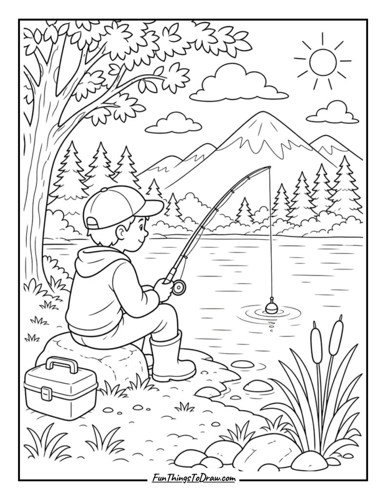 Fishing by the Lake Coloring Page