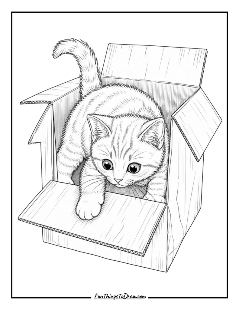 Cute Kitten in a Cardboard Box Coloring Page