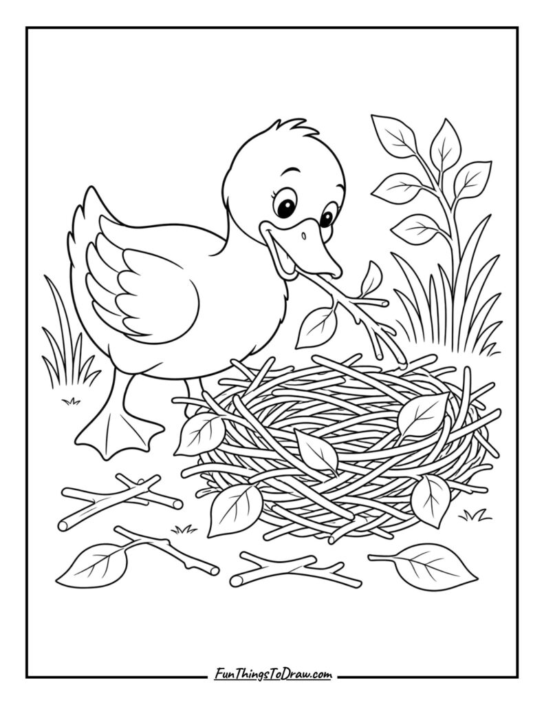 Duck Building a Nest coloring sheet