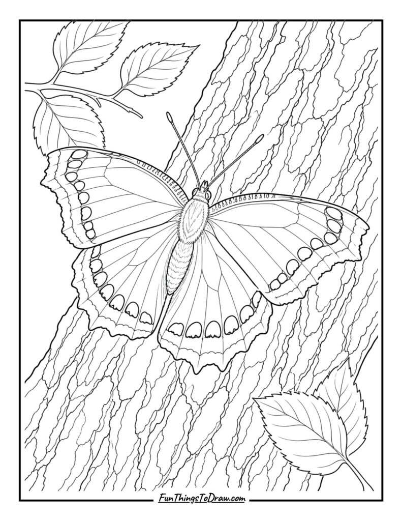 Mourning Cloak Butterfly on Bark coloring page