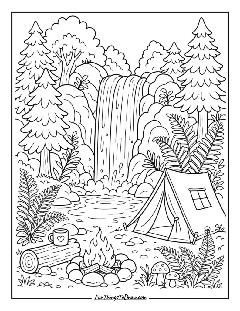Waterfall Oasis camping coloring page